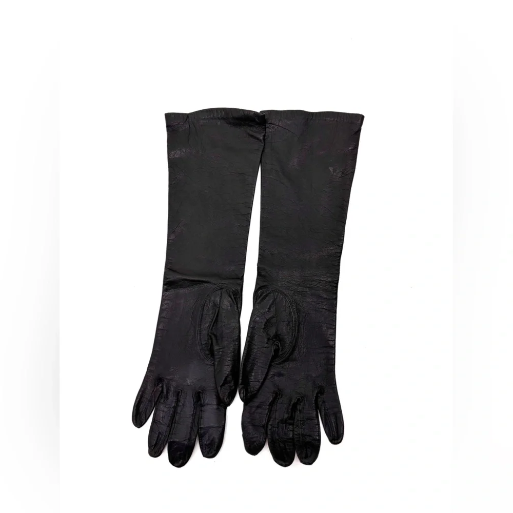 Vintage French Black Long Leather Gloves – Silk Lined, Size 7